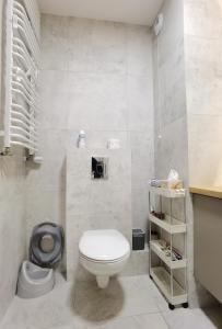 a small bathroom with a toilet and a sink at Apartament Olecko Centrum in Olecko