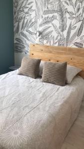 a bed with a wooden headboard and pillows in a bedroom at Studio ,Centre Historique , Entrée Autonome in Montélimar