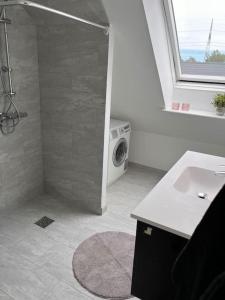 a bathroom with a sink and a washing machine at Stor rummelig lejlighed med egen P-plads in Kolding