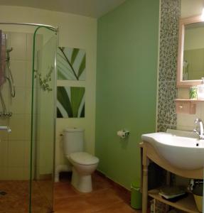 a bathroom with a toilet and a sink and a shower at Le Presbytère de Vieuvy 