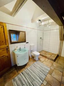 a bathroom with a toilet and a tub and a sink at Zauberhaftes Vierbett-Apartment nahe Magdeburg in Barleben