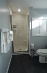 y baño con ducha y aseo. en The Lilly Pad Brand New in Hyde Park! Pet Friendly, fully fenced yard, walking distance to Hyde Park shops, and dining and Camel's Back Park, en Boise