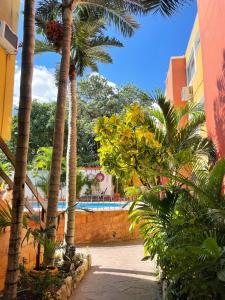 un grupo de palmeras frente a una piscina en Suites Cancun Center en Cancún