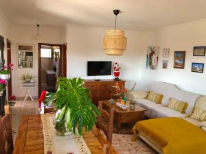 a living room with a couch and a tv at Tranquila casa rural en el centro de Fuerteventura in Valles de Ortega