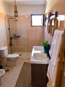 Tranquila casa rural en el centro de Fuerteventura في Valles de Ortega: حمام مع حوض ومرحاض ودش