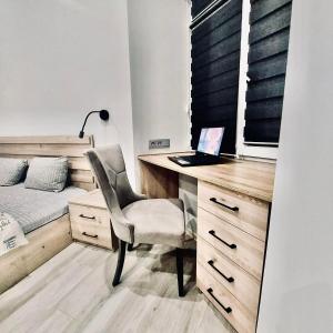 リヴィウにあるApartments Pekarska centr - світло є!のベッドルーム1室(ノートパソコンとベッド1台付きのデスク付) +51枚の写真