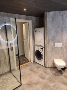 a bathroom with a washing machine and a washer at Arctic Sea house in Svensby