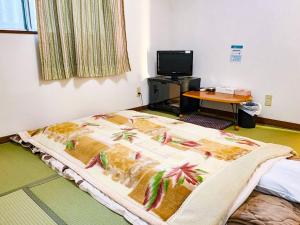 Un dormitorio con una cama con una manta de colores. en Weekly Hotel Kokura, en Kitakyushu