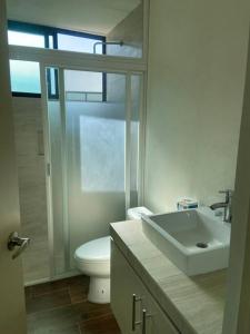 Tlaxcala de XicohténcatlにあるPRECIOSA CASA NUEVA UNA PLANTA NAMASTEの白いバスルーム(トイレ、シンク付)