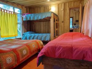 a bedroom with two bunk beds and a window at Cabañas Cauchao Chaitén in Chaitén