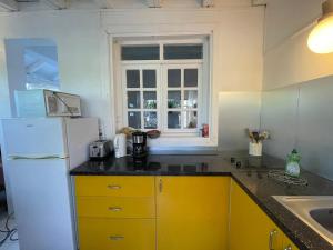 a kitchen with a white refrigerator and a window at Bungalow les hibiscus in Saint-François