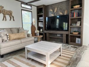 uma sala de estar com um sofá e uma televisão em Beautiful 3BR Stay on stunning farm near Round Top em Greenvine