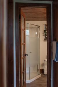 a bathroom with a shower and a glass door at Rosedale Chapel Bed and Breakfast in Steinbach