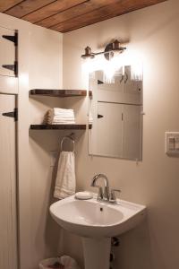a bathroom with a sink and a mirror at Rosedale Chapel Bed and Breakfast in Steinbach
