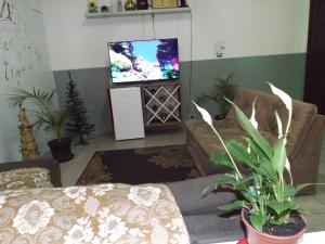 sala de estar con sofá y TV de pantalla plana en Hostel Lize, en Cumbica