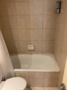 a bathroom with a white tub and a toilet at Departamento Tipo Estudio / 1 Ambiente in Santiago