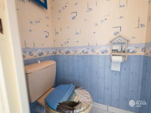 baño con aseo con paredes azules y pájaros en la pared en Appartement Les Sables-d'Olonne, 2 pièces, 4 personnes - FR-1-197-547, en Les Sables-dʼOlonne