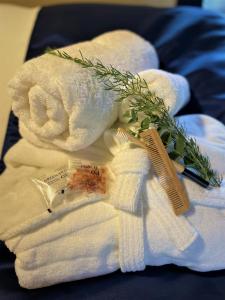 een stapel handdoeken met een haarkam en een scheermesje bij 絶景を眼下に見渡す 天空のお宿 雅館 in Ichinoseki