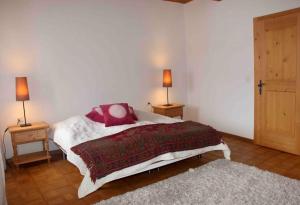 ein Schlafzimmer mit einem Bett und zwei Lampen an zwei Tischen in der Unterkunft Ferienwohnung Scaletta in Scuol