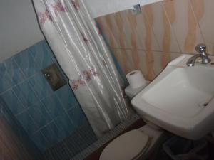 Un baño con inodoro, ducha y lavabo. en Guest house Posada Ixchel, en El Remate