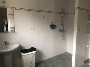La salle de bains blanche est pourvue d'un lavabo et d'une douche. dans l'établissement LES IRIS 1 T2 45m2 à 200m des thermes, à Eugénie-les-Bains