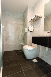 a bathroom with a shower and a toilet and a sink at ibis budget Singapore Gold in Singapore