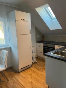 a kitchen with a white refrigerator and a skylight at Ferienwohnung Alpina in Feldkirch