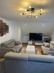 uma sala de estar com um sofá e uma televisão em Ferienwohnung Alpina em Feldkirch