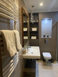 ein Bad mit einem Waschbecken und einem WC in der Unterkunft Nord House Apartament in Jastrzębia Góra