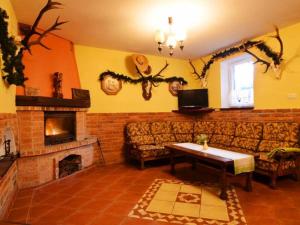 a living room with a couch and a fireplace at Villa Mariano in Piechowice