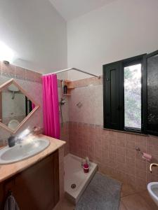 a bathroom with a sink and a pink shower curtain at CASA DEPAU in Tertenìa
