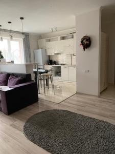 un soggiorno e una cucina con divano e tavolo di Апартаменти студія a Truskavec'
