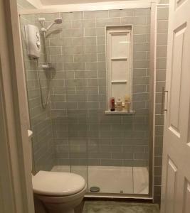 a bathroom with a shower and a toilet at JESMOND House B&B room 1 in Hull