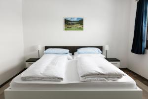 un letto bianco con due cuscini sopra di Penzion u Hanky a Telgárt