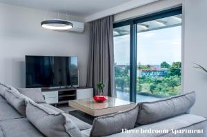 a living room with a couch and a large window at Dionisos Luxury Suites in Tsilivi