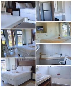 four pictures of a bedroom with two beds and a bathroom at Sweet Home39 Guest House Summerstrand in Port Elizabeth