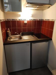 una pequeña cocina con fregadero y azulejos rojos en T1bis duplex Hyper centre historique de BX, en Burdeos