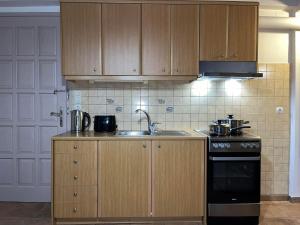 a kitchen with wooden cabinets and a sink and a stove at The comfort in Raches