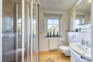 a bathroom with a shower and a toilet and a sink at Landlüttje mit Terrasse in Alt Schwerin