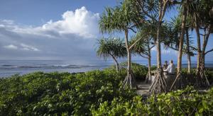 維拉港的住宿－Papaya Villa，两个人坐在海滩上棕榈树下的长凳上
