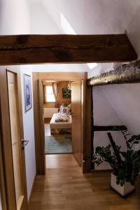 um corredor com um quarto com uma cama e um espelho em Ferienhaus Pfalzklause em Billigheim-Ingenheim