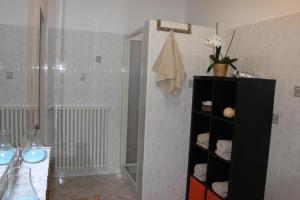 a bathroom with a shower and a black shelf with towels at La Madonnina in Villa di Tirano +38 photos