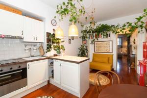 都靈的住宿－Porta Nuova APT x4 - City View，厨房配有白色橱柜和盆栽植物