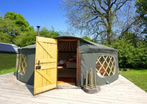 a green tent with a door open on a deck at Chestnut Yurt in Fernhurst