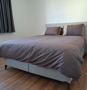 a bed in a white room with a gray comforter at ICEBUILD APARTMENTS in Nicosia