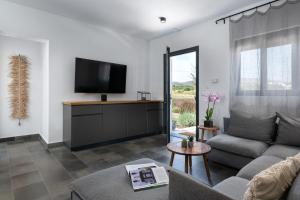 a living room with a couch and a flat screen tv at Seastar Villa, Lachania Beach in Lachania