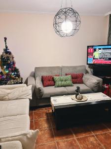 uma sala de estar com um sofá e uma árvore de Natal em Bungalow with 2 bedrooms, Playa la Tejita em El Médano