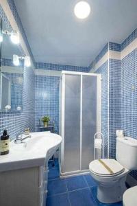 een blauwe betegelde badkamer met een toilet en een douche bij Brizal Apartamento in Gijón