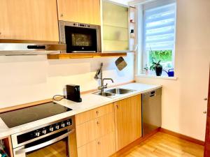 cocina con fregadero y microondas en Schöne Wohnung mit eigenen Eingang und Terrasse, en Gösseling