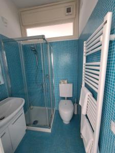 bagno blu con doccia e servizi igienici di Le Casasse Vico Delle Stelle a Varigotti